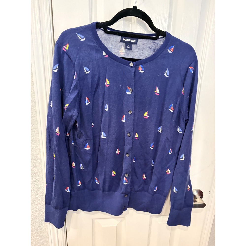 Lands' End Cardigan Blue Sailboat Print Cotton Knit Button Front Preppy Sweater